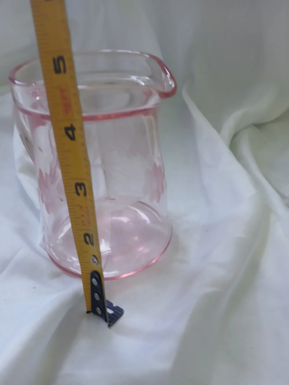 Pink Floral Etched Glass  w/ Handle, 8 oz, 5 in Tall Decorative